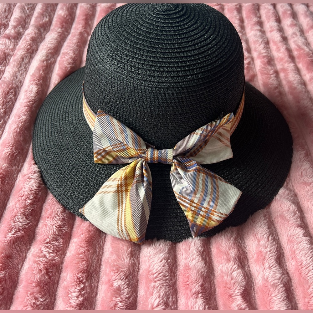 Elegant Black Hat with Plaid Bow